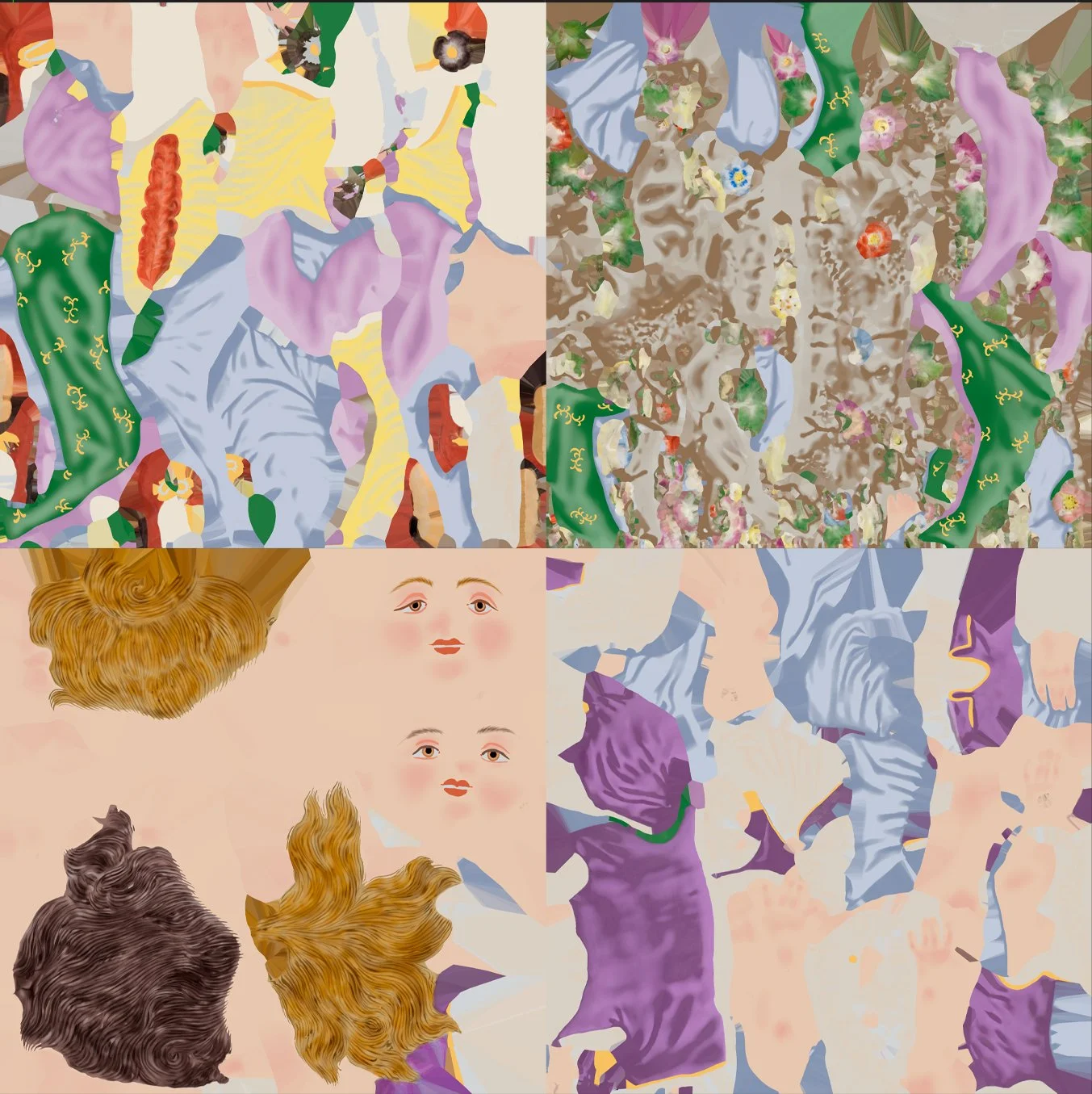 UV & Color Transfer Systems The sculptures were UV-mapped using large-scale UDIM layouts to support high-resolution color work across comple